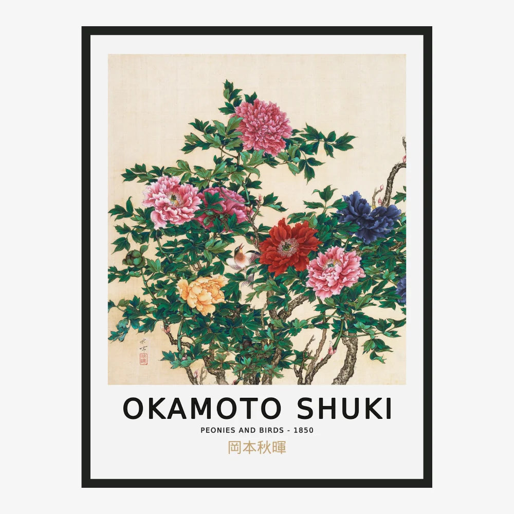 Okamoto Shuki - Peonies and Birds Poster